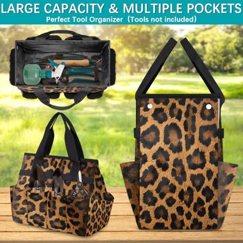 Leopard Print Garden Tool Bag Organizer Heavy Duty Wild Safari Skin Pattern Gardening Tote Bag with 10 Pockets for Women Men Gardening Gifts - Image 5