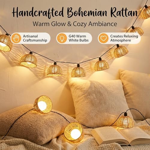 TWINKVILLA Solar Rattan String Lights Outdoor, 16FT 16 LED Half-Globe Hemisphere Wicker Lanterns, IP65 Waterproof Solar Powered Patio Lights, Boho Decorative Hanging Lighting for Garden Porch Wedding - Image 4