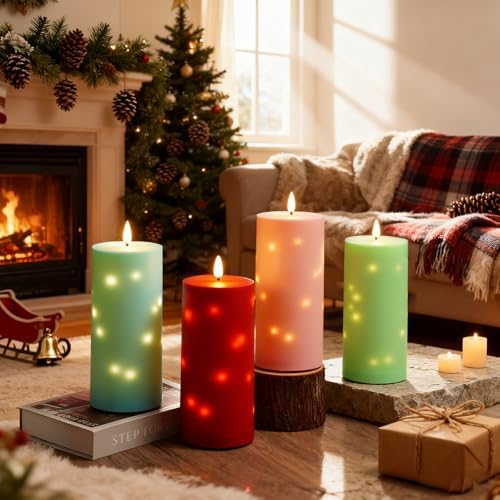 kakoya 10" x 4" Large Outdoor Waterproof Flickering Flameless Candles with Timer,2Pcs Battery Operated LED Pillar Candles with Embedded Star String for Outdoor Lanterns,Porch,Patio Decor(red) - Image 3