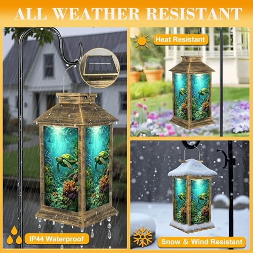 Solar Lantern Outdoor Waterproof Sea Turtle Teal Seagrass Coral Reefs Aquatic Plants Bubbles Sunlight Garden Decor LED Solar Lights Hanging/Tabletop Lamp Gifts for Women Mom for Outside Yard Patio - Image 3