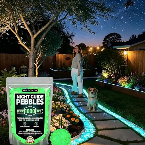Glow in the Dark Rocks for Garden & Fish Tank, Resin Luminous Pebbles for Outdoor Walkway, Aquarium Gravel Decor, Light-Charging No Power Stones (1000, Green) by cetzork