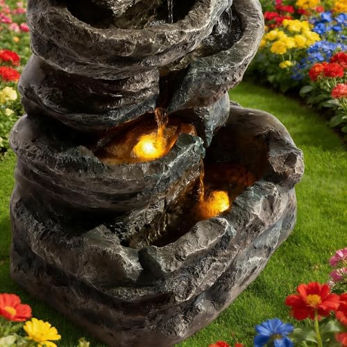 6-Tier Outdoor Cascading Stone Water Fountain, 35" H Freestanding LED Rock Waterfall with Natural Stone Appearance and Lights, Resin Water Feature for Garden Patio Yard Deck - Image 7