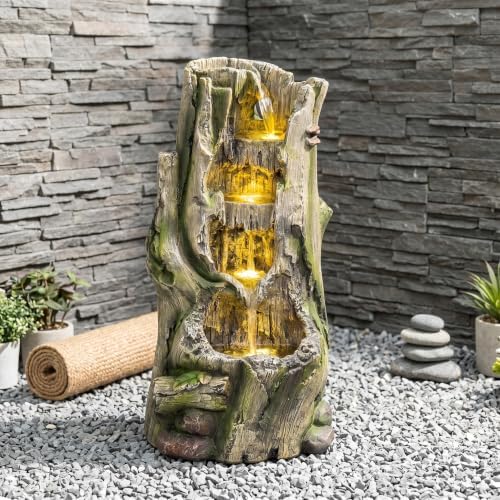 23.62 Inch Outdoor Water Fountain, Tree Stump Resin Cascading Water Feature with Warm LED Lights, Quiet Pump for Patio Garden Porch - Image 2