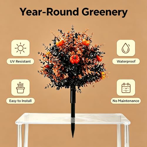 Outdoor Artificial Flowers Fake Plants, Artificial Topiary Balls with Ground Spikes, UV Resistant, Mix 4 Colors, 2 Pack, 20 inch, Garden Porch Patio Gravesite Indoor Decor (2 PCS Pumpkin Color) - Image 5