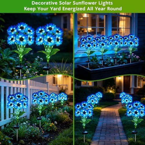 Solar Sunflower Lights Outdoor Garden Decor, 6 Pack Solar Blue Flowers Lights with 36 Sunflowers, Waterproof Fall Decor Stake Decorative Light Auto ON/Off for Garden Yard Patio, Gift for Women - Image 6