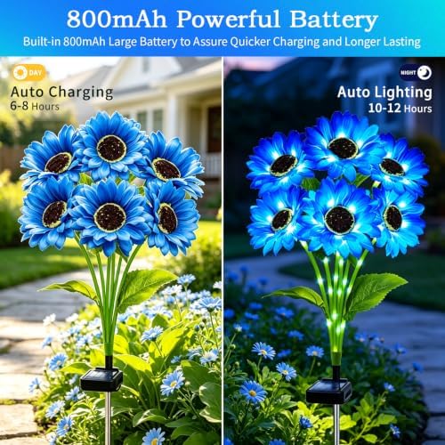 MRHEPHAESTUS Solar Garden Lights Outdoor, 4 Pack Solar Blue Sunflower Lights with 24 Head 3.5 Inch Flowers, Waterproof Flowers Light Fall Decor Auto ON/Off for Garden Yard Patio, Gifts for Mom Women - Image 3