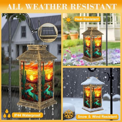 Solar Lantern Outdoor Waterproof Desert Landscape Saguaro Cactus Flowing River Stained Glass Style Garden Decor LED Hanging Solar Lights Tabletop Lamp Gifts for Women Mom Outside Yard Patio Porch - Image 3