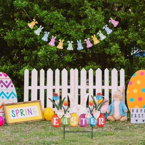 YEAHOME Easter Decorations Outdoor, Easter Letter Bunny Decorative Garden Stakes with Flowers, Metal Colorful Yard Signs for Outside Garden Porch Lawn Backyard Decorations - Image 2