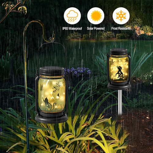 YJFWAL Solar Cat & Butterfly Lanterns Outdoor Waterproof - Cat Lover Gifts for Women Mom Grandmom Birthday Mothers Day, LED Hanging Mason Jar Fairy Lights for Garden Yard Patio Decor - Image 3