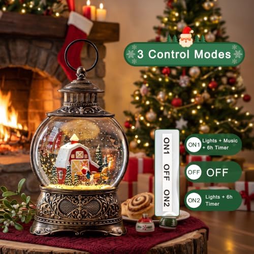 Christmas Snow Globe Lantern with Santa Carriage and Red Barn, Musical Lighted Water Lantern with Swirling Glitter, 6H Timer, USB Powered or Battery Operated, Vintage Tabletop Christmas Decor Gift - Image 3