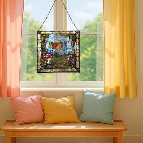 Gnome Hanging Laundry Stained Glass Suncatcher – Square Hanging Window Panel for Home, Garden, Nursery, Halloween, Christmas, Memorial Day – Whimsical Glass Art Gift for Gnome Lovers covd1h - Image 5