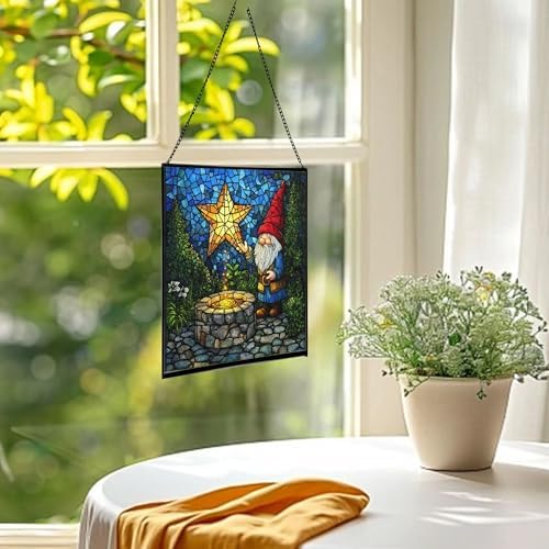 Starwell Gnome Wish Stained Glass Suncatcher – Square Hanging Window Panel for Home or Greenhouse – Whimsical Glass Art Gift for Garden Lovers, Christmas, Halloween, Father Days MZZ4pH - Image 3