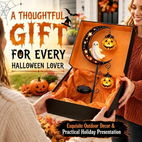 Solar Halloween White Ghost & Pumpkin Moon Garden Stake Light, Outdoor Waterproof Yard Decoration with Crescent Moon, Decorations with Pumpkins Lantern for Patio, Yard, Lawn, Pathway (Ghost) - Image 6