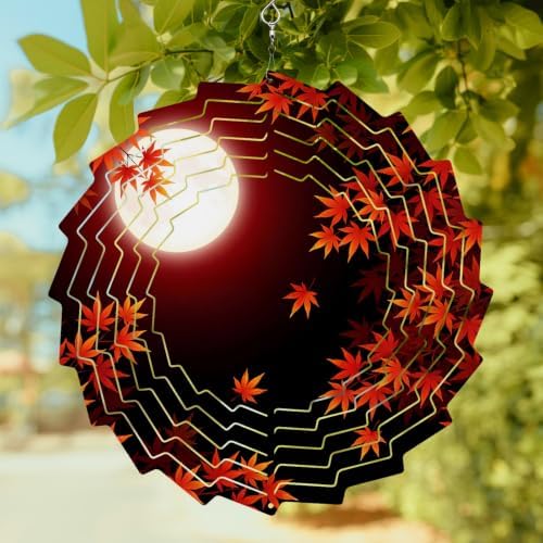 10 Inch Fall Red Maple Lveas Wind Spinner for Yard and Garden, Rustic Autumn Moonlight Botanical Hanging Ornaments Outdoor 3D Kinetic Wind Sculpture Spinners Indoor Outdoor Patio Décor Ornaments Gift - Image 2