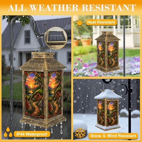 Solar Lantern Outdoor Waterproof Stained Glass Cottage Flower Garden Scenic Hillside Garden Decor LED Hanging Solar Lights Tabletop Lamp Gifts for Women Mom Outside Yard Patio Porch - Image 3