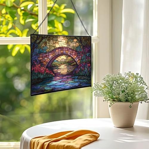 Rainbow Bridge Over Meadow Stream Rectangular Stained Glass Suncatcher – Hanging Window Panel with Animal & Nature Scene – Vibrant Glass Art Gift for Wildlife, Fantasy, Nature Lovers wL1my9 - Image 2