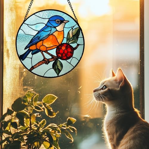 Stained Glass Window Hanging 4 Pcs Set Cardinal Blue Birds 9.8" - Suncatcher Door Garden Sun Catcher Decor Birthday Mother's Day for Bird Lovers Men Woman Nana Friend - Image 4