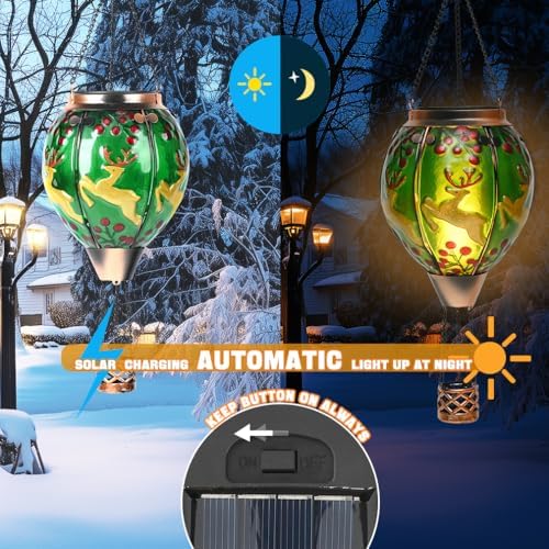Solar Powered Hot Air Balloon Lantern - Reindeer Glass Lantern, Simulated Flickering & Dancing Flame, Outdoor Hanging Yard Light Waterproof IP65 for Patio Lawn Porch Christmas Decor Gift - Image 3