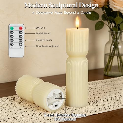 Flameless Candles with Remote Timer, Set of 2 Ivory Ribbed Pillar Candles - Image 3