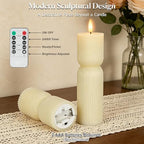 Flameless Candles with Remote Timer, Set of 2 Ivory Ribbed Pillar Candles - Image 3
