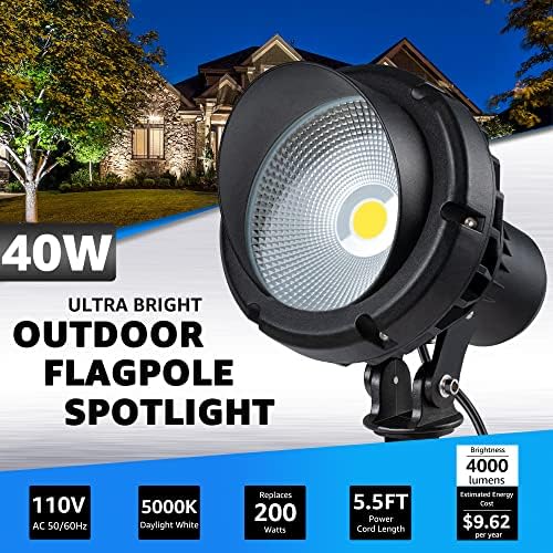 SUNVIE LED 40W Spot Lights Outdoor 5000K Daylight White Plug in Flag Pole Light 120V Ultra Bright Landscape Spotlights for Yard House Tree Lawn Signage Outdoor Spotlight with Stake & 5.5FT Cord - Image 3