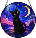 Black Cat Moon Stained Glass Window Hanging with Metal Chain by Unknown