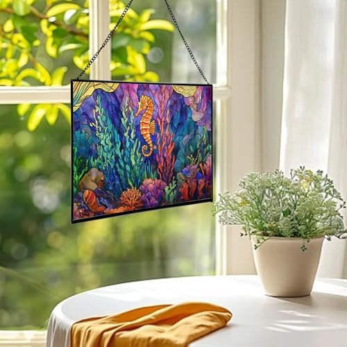 Glowing Coral Garden with Tiny Seahorse Rectangular Stained Glass Suncatcher – Hanging Window Panel with Animal & Nature Scene – Vibrant Glass Art Gift for Wildlife, Fantasy, Nature Lovers gQJxpI - Image 2