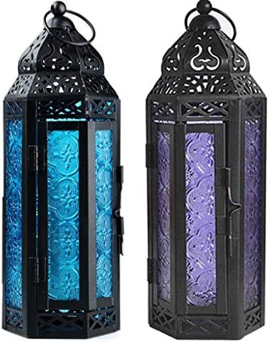 YYDS Candlestick Vintage Outdoor Candlestick Decorative Hanging Lantern Glass Metal Candlestick Holders Moroccan Lanterns Candle Holder Candlestick Holder (Color : Purple) - Image 5