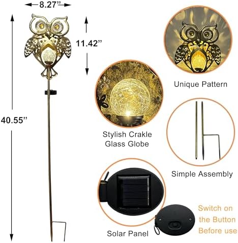 Owl Solar Garden Lights Outdoor, 40.55" Tall Iron Metal Yard Art, Weatherproof Pathway Stakes for Patio Lawn, Unique Owl Statue with Warm LED for Fence Plant Pot Decoration - Image 6