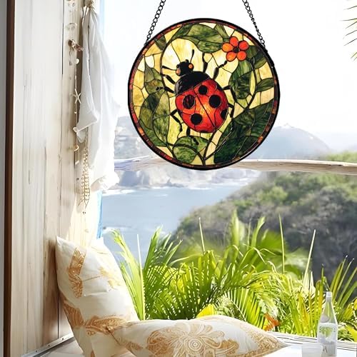 Ladybug Flower Stained Glass Window Hanging Suncatcher Gifts for Women 15" - Image 4