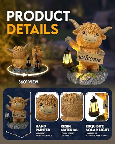 Solar Garden Statue Highland Cow, Whimsical Farm Animal Outdoor Decor with Lantern, Waterproof Resin Garden Yard Patio Gift for Mom Grandma Women - Image 2