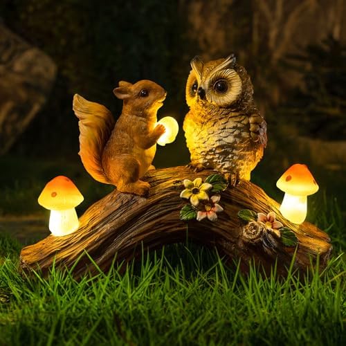 Solar Owl Garden Statues Outdoor Decor Resin Owl Squirrel Figurine with Mushroom Lights for Patio Lawn Yard Decorations Christmas Birthday Housewarming Gardening Gifts for Women Mom by WONDHOME