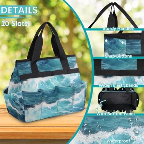 Sea Waves Garden Tool Bag Organizer Heavy Duty Ocean Gardening Tote Bag with 10 Pockets for Women Men Gardening Gifts - Image 5