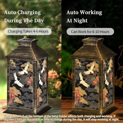 Solar Lantern Crane Birds Elements Oriental Decoration Hand Drawn Bonsai Tree Outdoor Waterproof Hanging Solar Light Outside Lights for Patio Yard House Lawn Decor Birthday Gifts for Women Mom - Image 4
