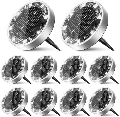 10 Pack Solar Ground Lights Outdoor, 8 LED Mini Flat Solar Disc Lights, IP65 Waterproof Pathway Lights Solar Powered, Landscape Lighting for Garden Walkway Driveway Yard Lawn,Cool White by Unknown