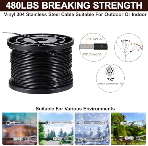 String Light Hanging Kits, 450FT Coated Stainless Steel 304 Wire Rope, Outdoor Black Guy Wire kit w/Expansion Hook, Enough Accessories, Humanized Collocation - Image 3