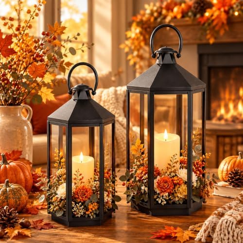 Black Decorative Metal Lanterns Indoor Outdoor, 19" 17" Tall by VERLENS