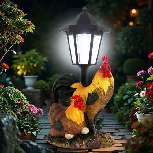 Solar Rooster Decor Outdoor, Garden Rooster Statue with Lantern by YEPOTUE