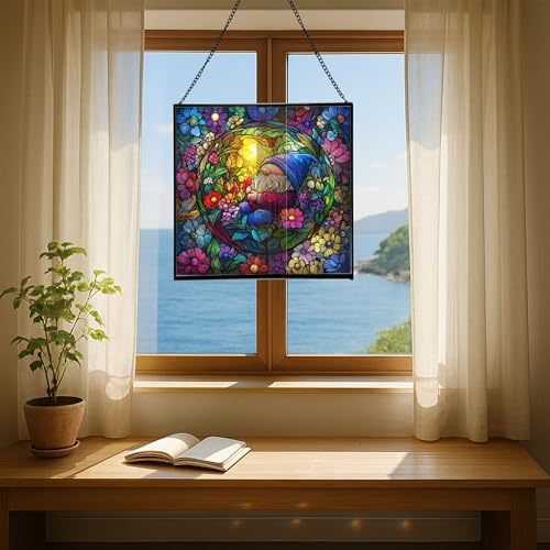 Floating Bubble Nest Gnome Stained Glass Suncatcher – Square Hanging Window Panel for Home or Greenhouse – Whimsical Glass Art Gift for Garden Lovers, Christmas, Halloween, Father Days 7tJsym - Image 6