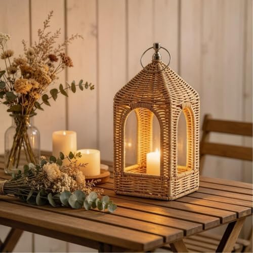 2 PCS Handmade Artificial Rattan Candle Lantern, Boho Woven Decor for Indoor Outdoor Patio Garden Wedding Home - Image 5