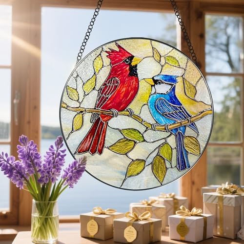 8″ Cardinal & Blue Jay Suncatcher, Stained Glass Window Hanging & Ornament, Window Decor, Holiday & Christmas Ornaments | Bird Lover Gifts, Gifts Exchange, Gift Ideas - Image 6