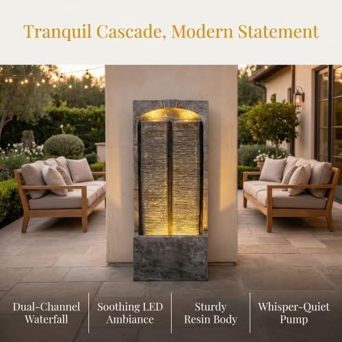 39 Inch Slate Textured Wall Water Fountain with LED Lights, Weatherproof Resin Fiberglass Freestanding Cascading Water Feature Out Patio for Backyard Indoor Entryway Decor - Image 5