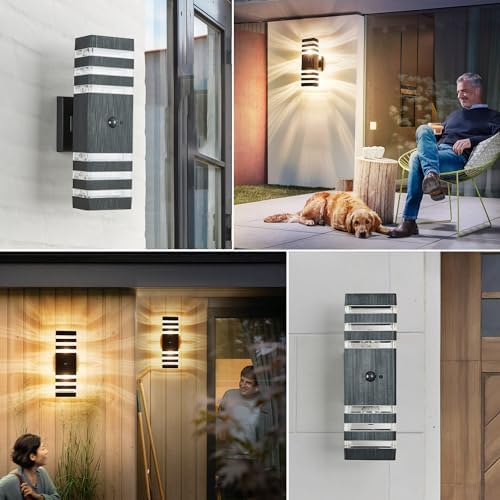 Motion Sensor Outdoor Wall Light Fixture Up Down Porch Lights Modern Dusk to Dawn Exterior Sconce Wall Mount Outside Coach Lantern for House Front Door Garage (Include 2 Free Dimmable Bulbs) - Image 6