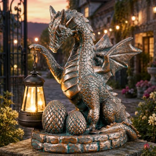 Solar Dragon Statue - Weatherproof Resin Dinosaur Figurine Holding Black Solar Lantern, Distressed Bronze Finished Dragon Decor with Egg for Outdoor Garden Yard Patio Pathway Balcony by IDEASHOW