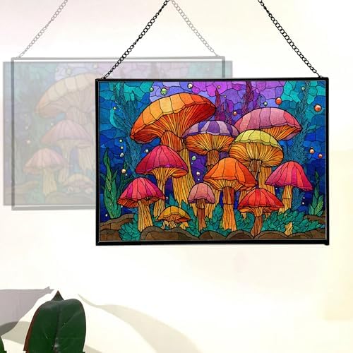 Rainbow-Colored Mushroom Cluster Rectangular Stained Glass Suncatcher – Hanging Window Panel with Animal & Nature Scene – Vibrant Glass Art Gift for Wildlife, Fantasy, Nature Lovers q1PtJt - Image 3