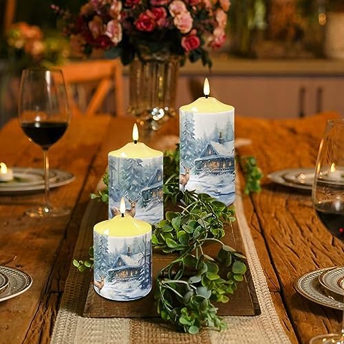 Cozeyat Christmas Decor Flameless Electric Candles with Remote, Christmas Cottage Elk Snowscape Design Ivory Pillar Battery Operated Candles with Dancing LED Flame,Warm Yellow Tea Lights Set of 3 - Image 4