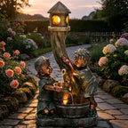 31" Boy and Girl Outdoor Water Fountain LED 3-Tier Waterfall - Image 2