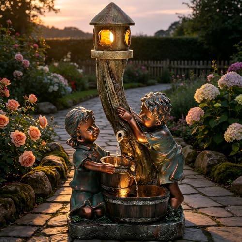 31" Boy and Girl Outdoor Water Fountain LED 3-Tier Waterfall - Image 2