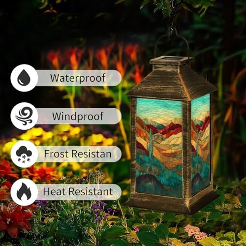 Solar Lantern Western Landscape Stained Glass Cactus Turquoise Outdoor Waterproof Garden Hanging Lantern Solar Powered Lighting Outside Table Lamp for Patio Deck Camping 1 Pack - Image 2