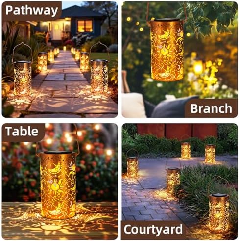 DIBIEECN Birthday Gifts for Women Mom Grandma Wife, Solar Lanterns Outdoor Waterproof, Metal Hanging Lights Garden Decor, LED Decorative Lantern for Patio Porch Backyard, Sun and Moon, 1 Pack - Image 6